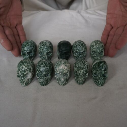 20Pcs 2.1kg 4.6LB Natural Green Snowflake Jasper Crystal Skull Head Sculpture Healing