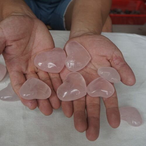 2.2LB 20Pcs Natural Pink Rose Quartz Crystal Heart Carved Palm Stone Healing