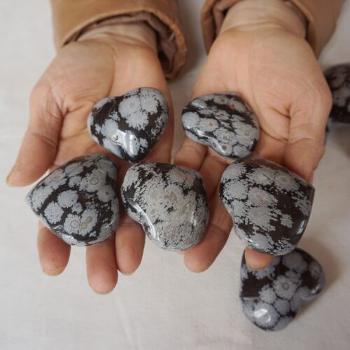 2KG 4.4LB 28Pcs Natural Snowflake Obsidian Quartz Crystal Heart Carved Healing Bulk