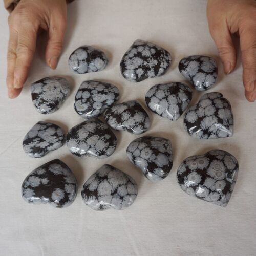 2KG 4.4LB 28Pcs Natural Snowflake Obsidian Quartz Crystal Heart Carved Healing Bulk