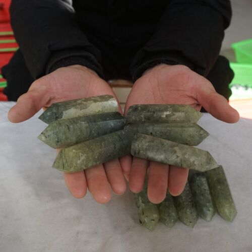 2KG 4.4LB 22Pcs Natural Green Prehnite & Black Hair Quartz Crystal Tower Points Healing