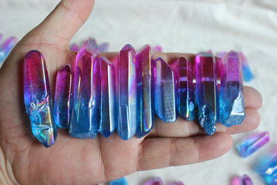 100 Rainbow Aqua Aura Quartz Crystal Point Titanium Coating Pendants , No Holes