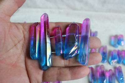 100 Rainbow Aqua Aura Quartz Crystal Point Titanium Coating Pendants , No Holes