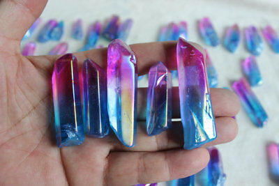 100 Rainbow Aqua Aura Quartz Crystal Point Titanium Coating Pendants , No Holes