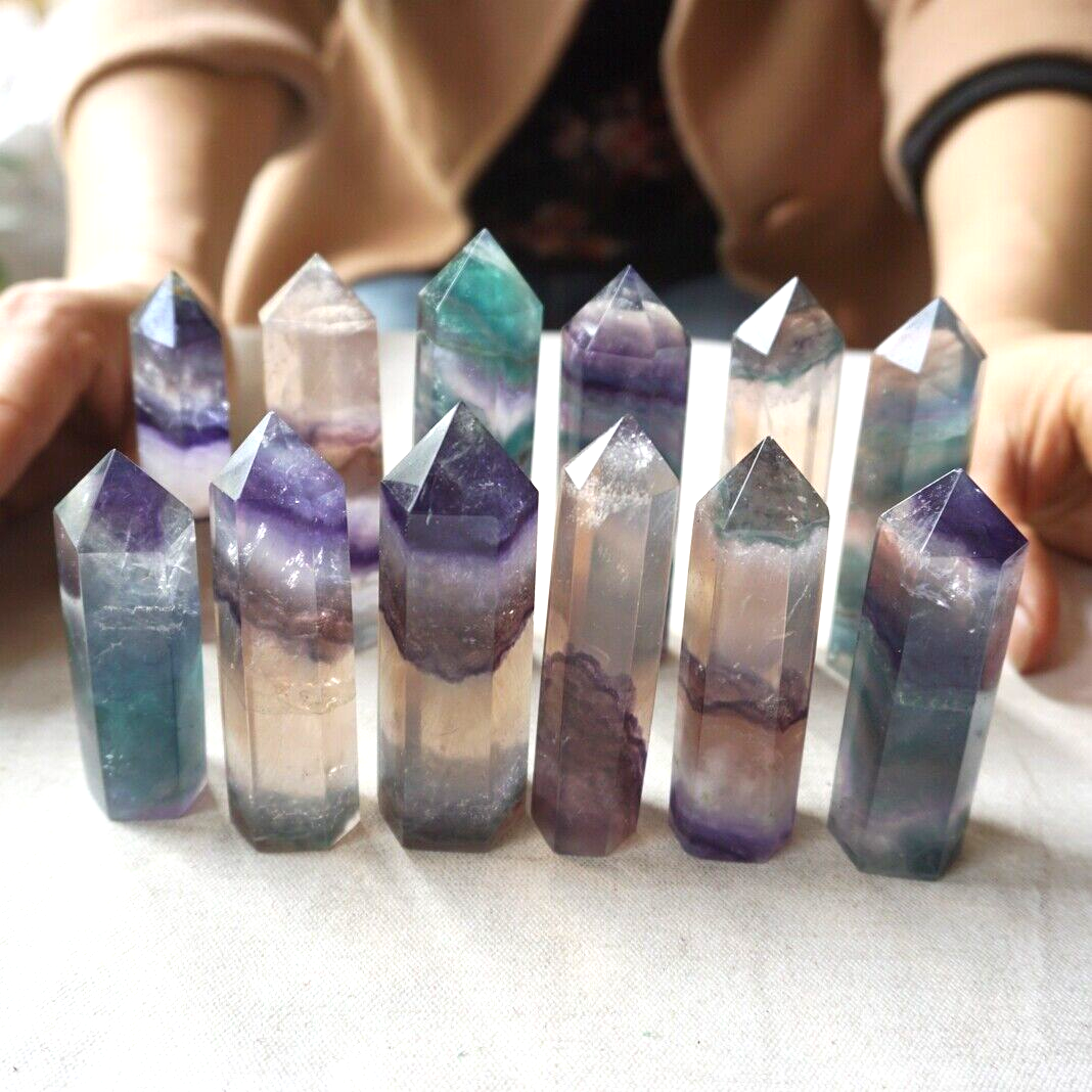 4.4LB 2KG 24Pcs Natural Rainbow Fluorite Quartz Crystal Point Tower Polished Healing