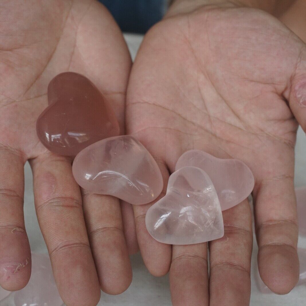 2.2LB 36Pcs Natural Pink Rose Quartz Crystal Heart Carved Palm Stone Healing