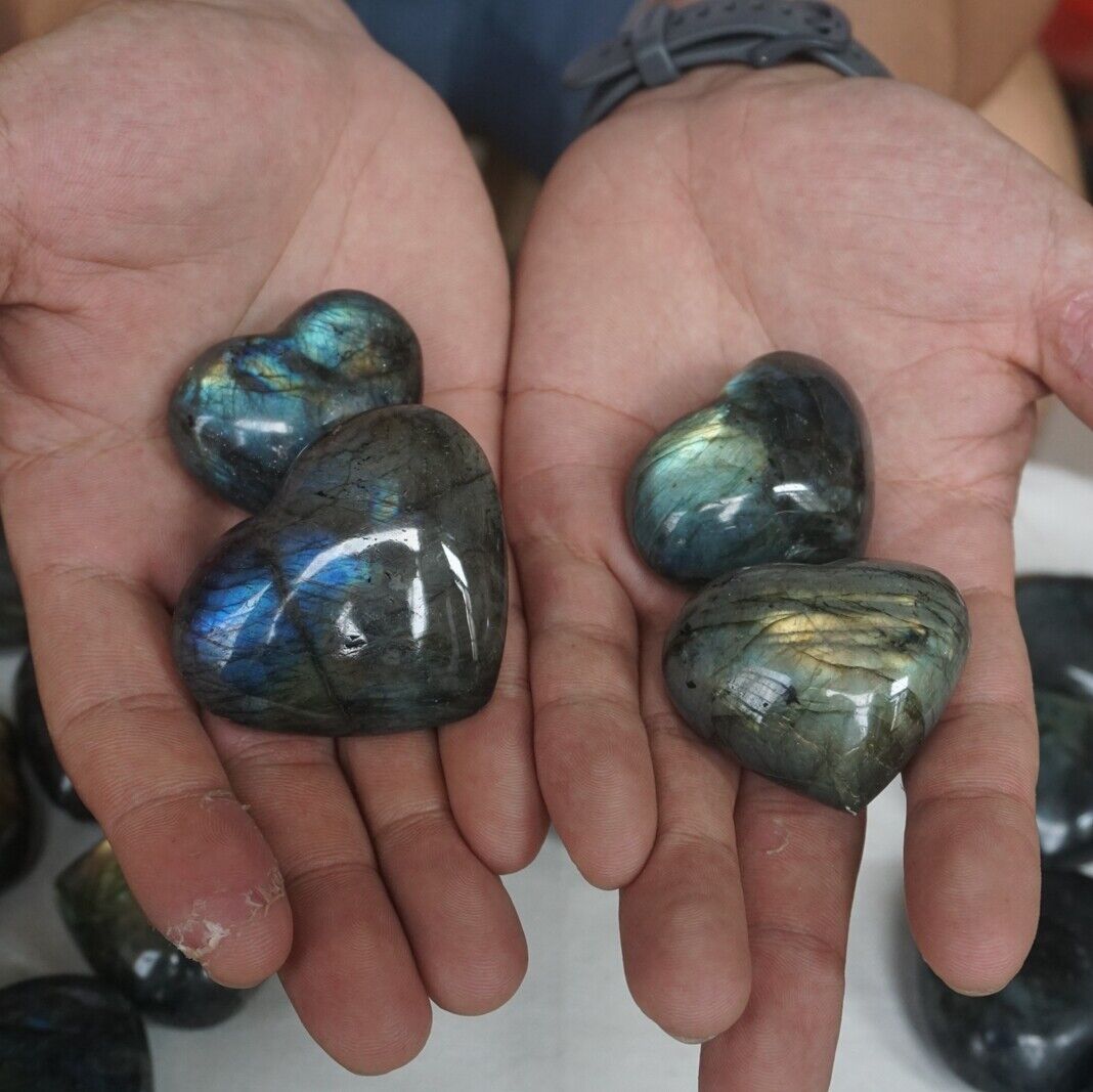 2KG 4.4LB 24Pcs Natural Rainbow Labradorite Crystal Gem Stone Heart Carved Healing