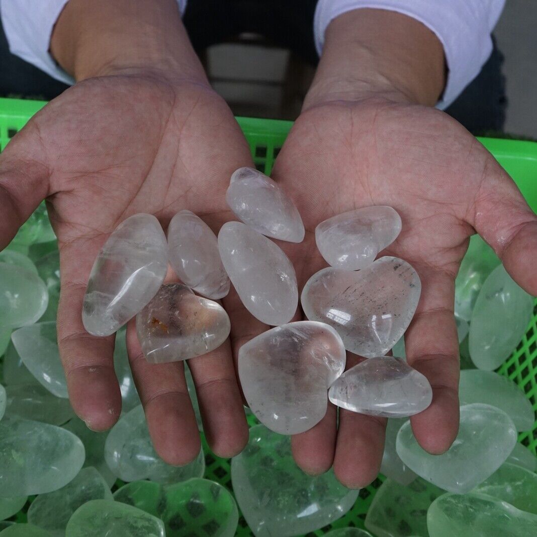 2KG 30Pcs 4.4LB Natural White Clear Quartz Crystal Heart Carved Palm Stone Healing