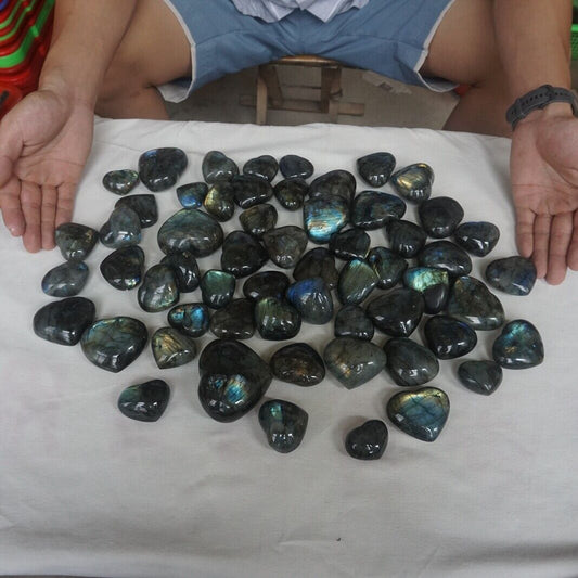 2KG 4.4LB 24Pcs Natural Rainbow Labradorite Crystal Gem Stone Heart Carved Healing