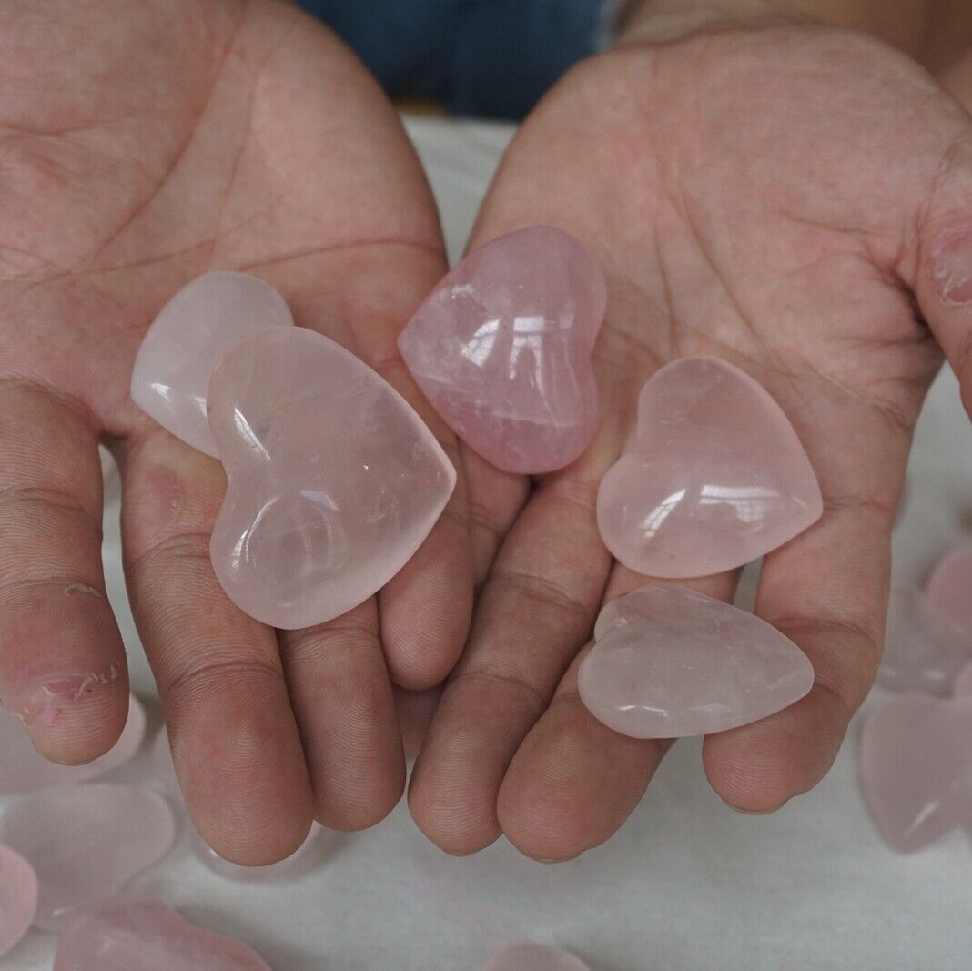 2.2LB 36Pcs Natural Pink Rose Quartz Crystal Heart Carved Palm Stone Healing