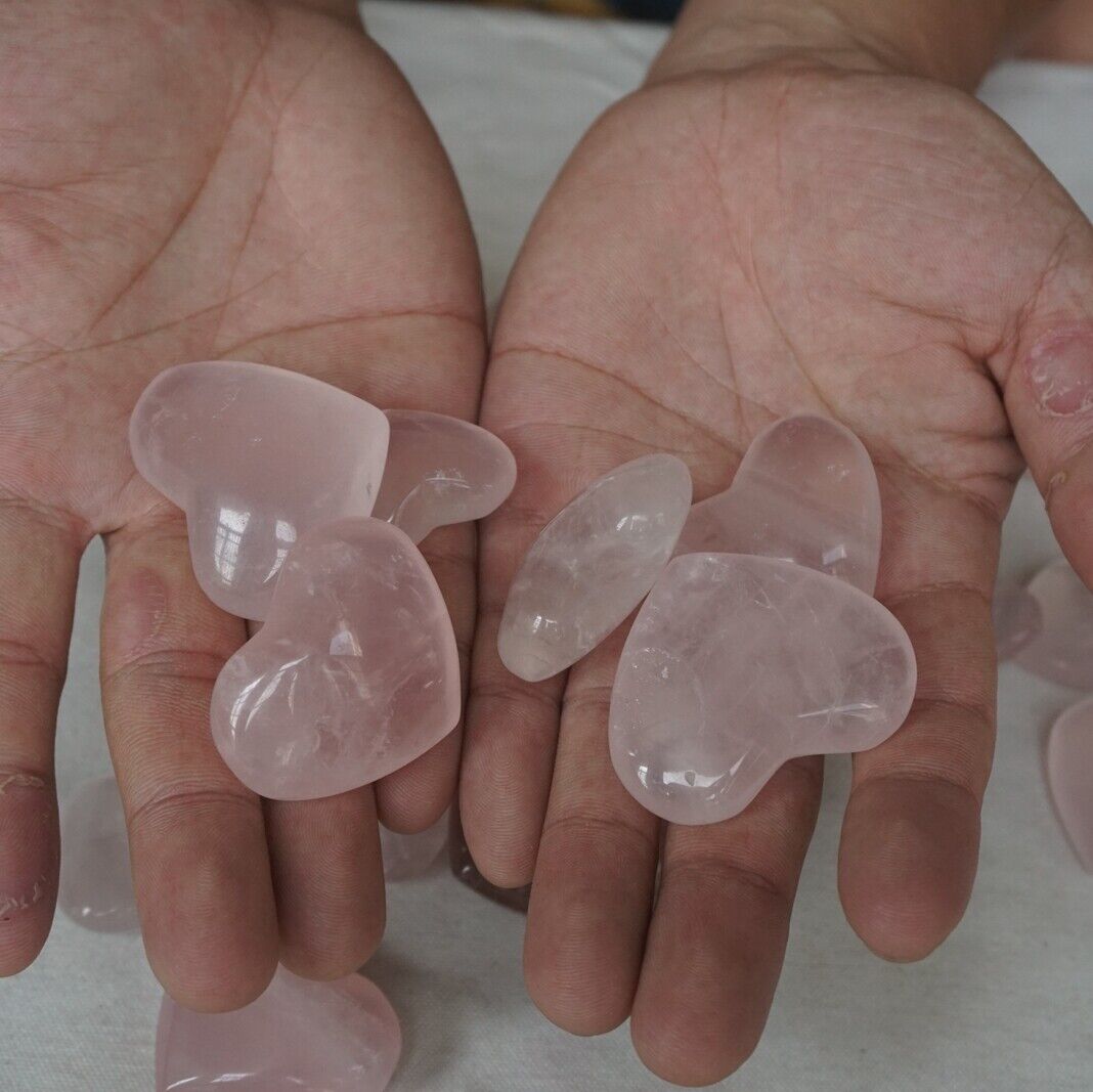 2.2LB 36Pcs Natural Pink Rose Quartz Crystal Heart Carved Palm Stone Healing