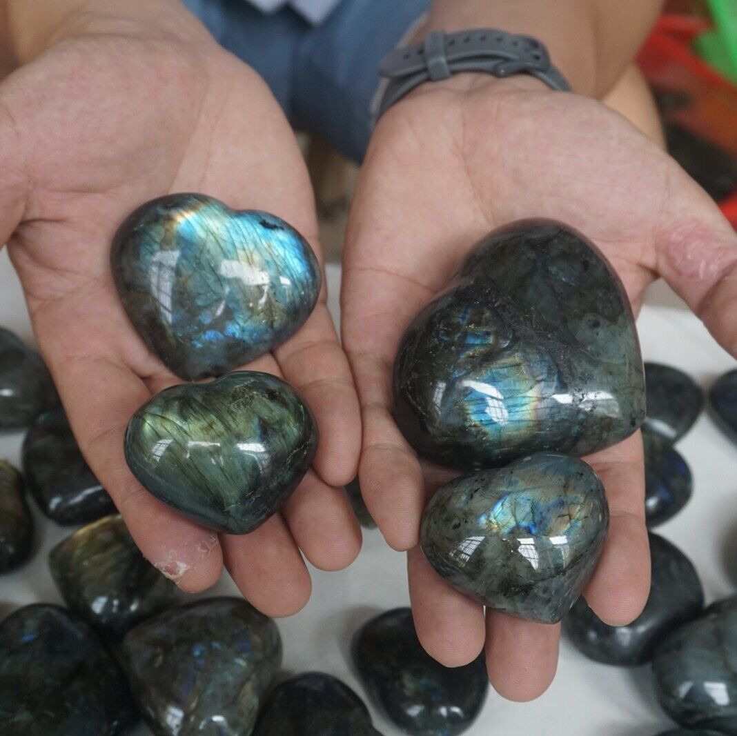 2KG 4.4LB 24Pcs Natural Rainbow Labradorite Crystal Gem Stone Heart Carved Healing