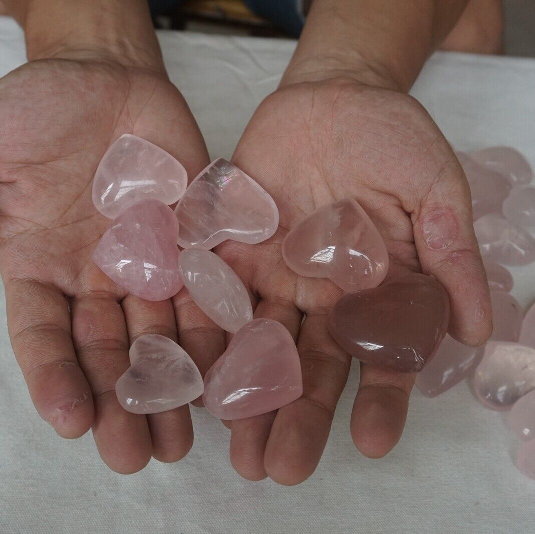 2.2LB 36Pcs Natural Pink Rose Quartz Crystal Heart Carved Palm Stone Healing