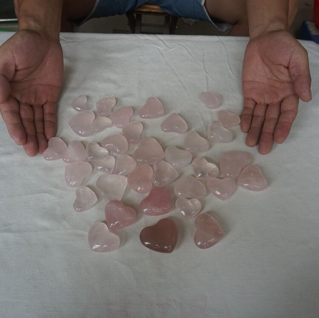 2.2LB 36Pcs Natural Pink Rose Quartz Crystal Heart Carved Palm Stone Healing