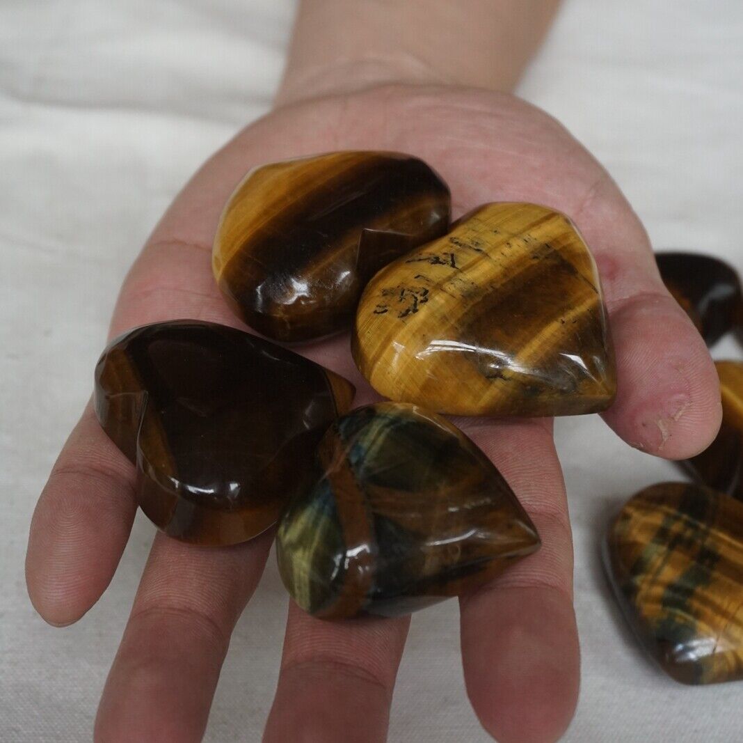 50Pcs 3.6KG Natural Tiger Eye Quartz Crystal Heart Carved Palm Stone Healing