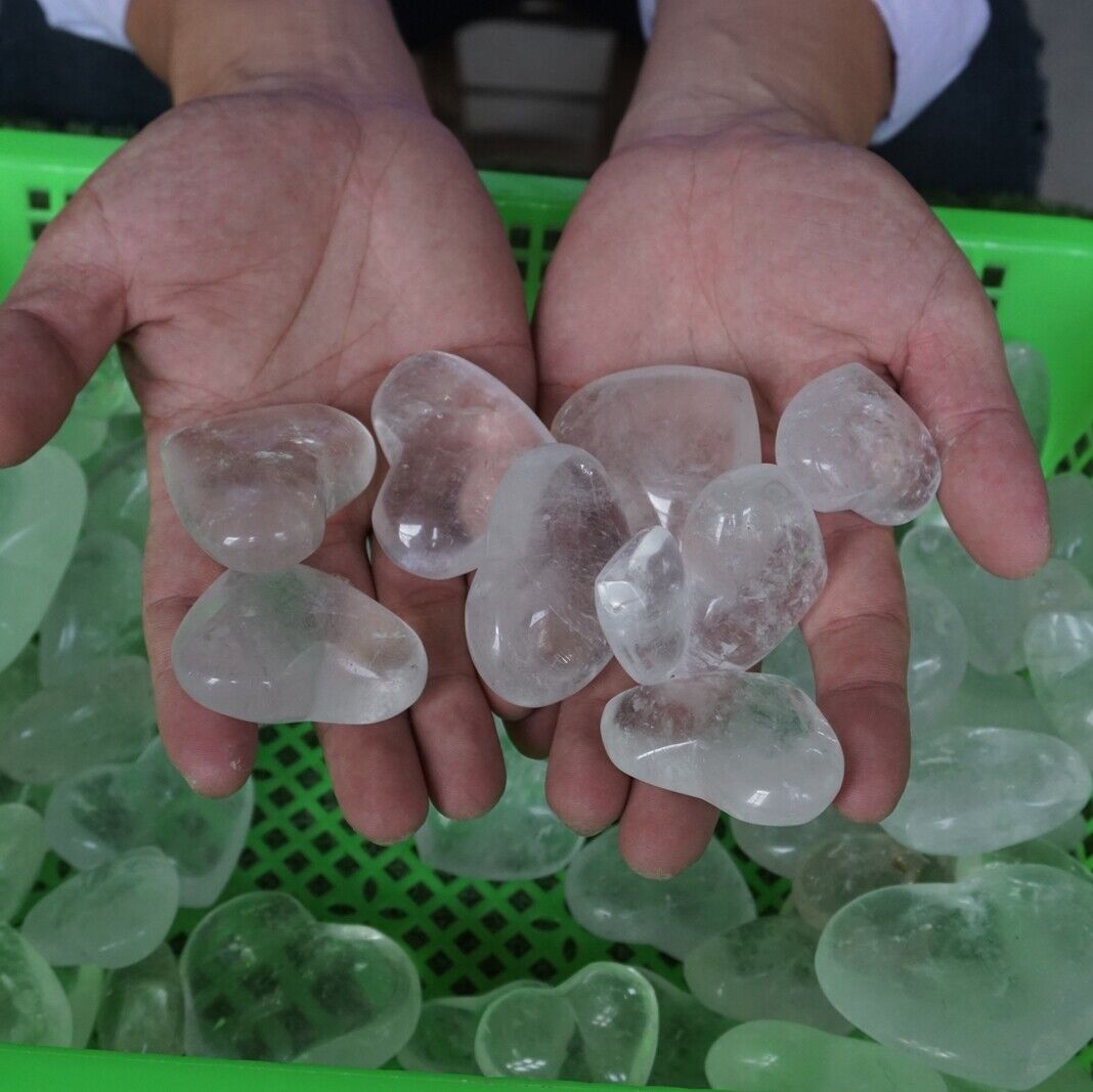 2KG 30Pcs 4.4LB Natural White Clear Quartz Crystal Heart Carved Palm Stone Healing