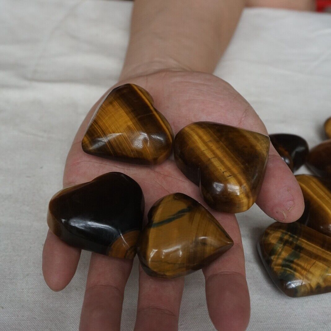 50Pcs 3.6KG Natural Tiger Eye Quartz Crystal Heart Carved Palm Stone Healing