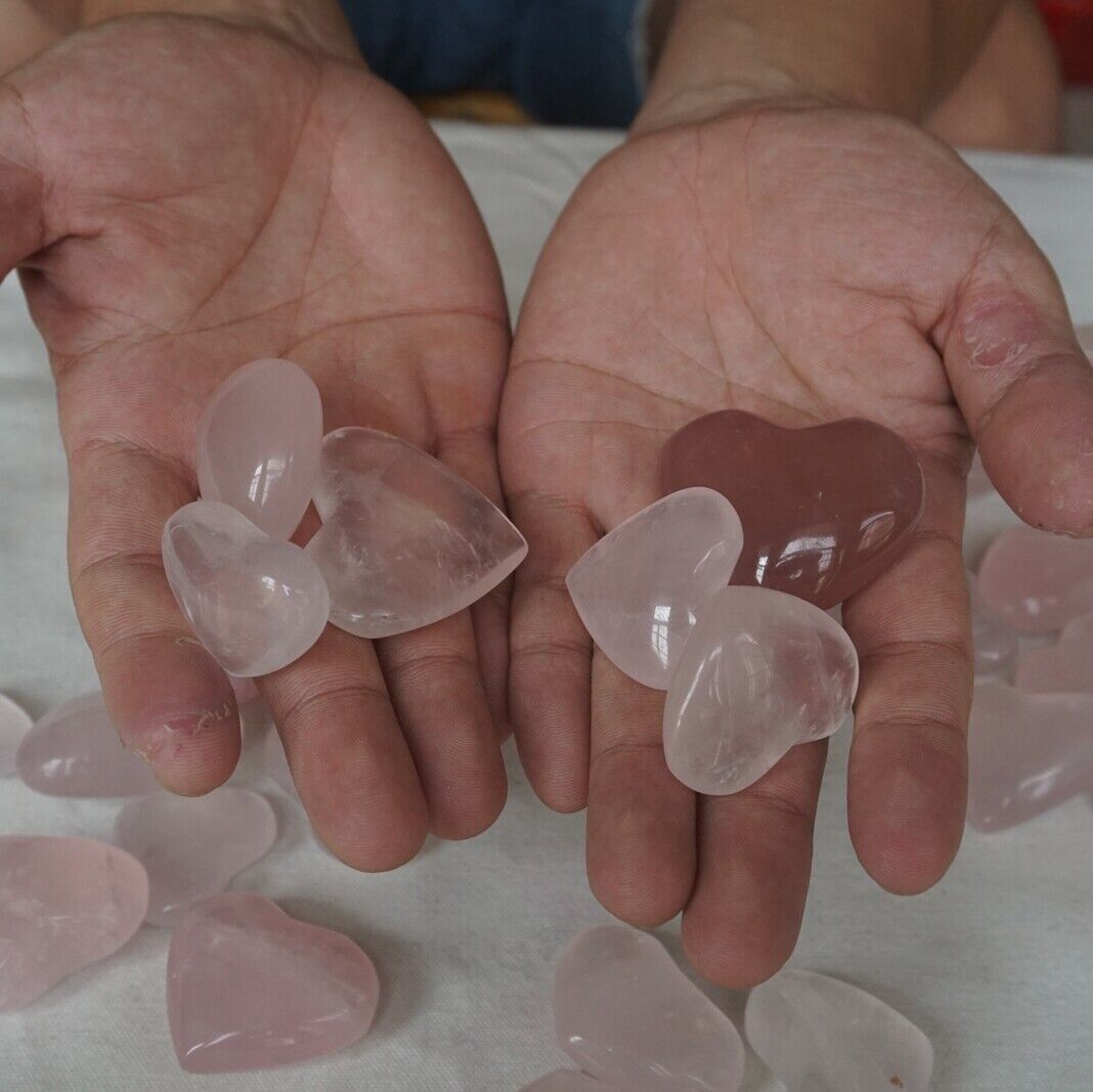 2.2LB 36Pcs Natural Pink Rose Quartz Crystal Heart Carved Palm Stone Healing