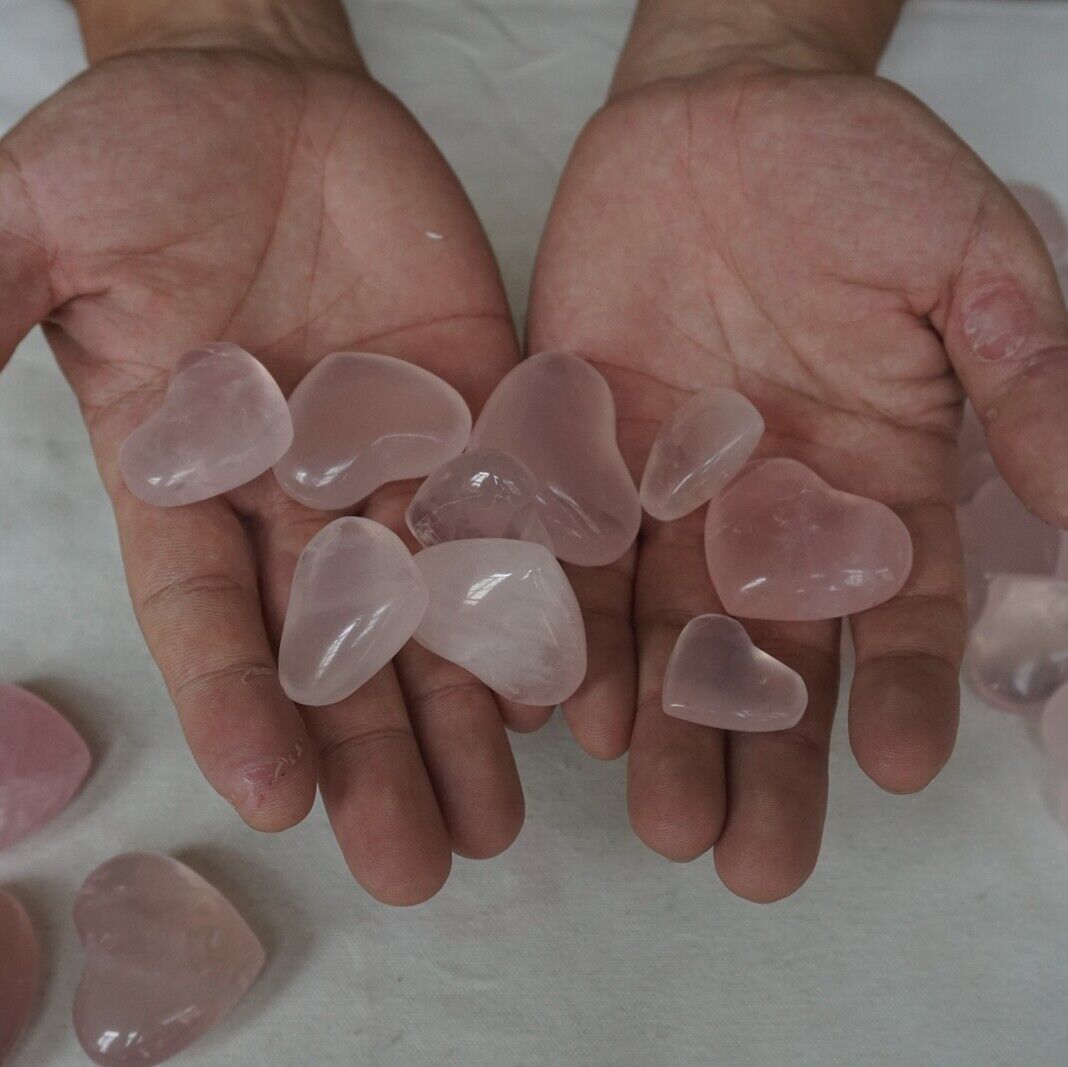 2.2LB 36Pcs Natural Pink Rose Quartz Crystal Heart Carved Palm Stone Healing