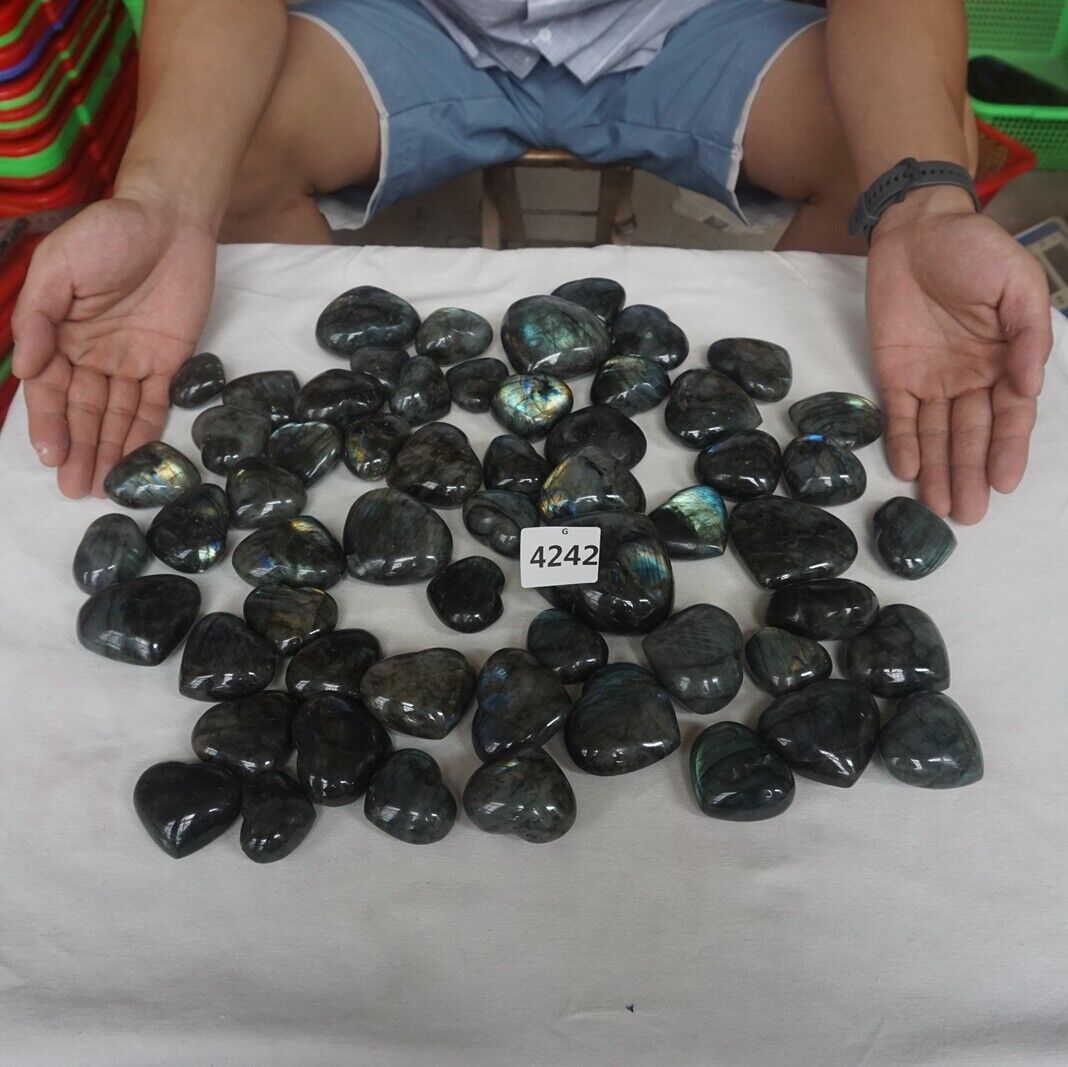 2KG 4.4LB 24Pcs Natural Rainbow Labradorite Crystal Gem Stone Heart Carved Healing