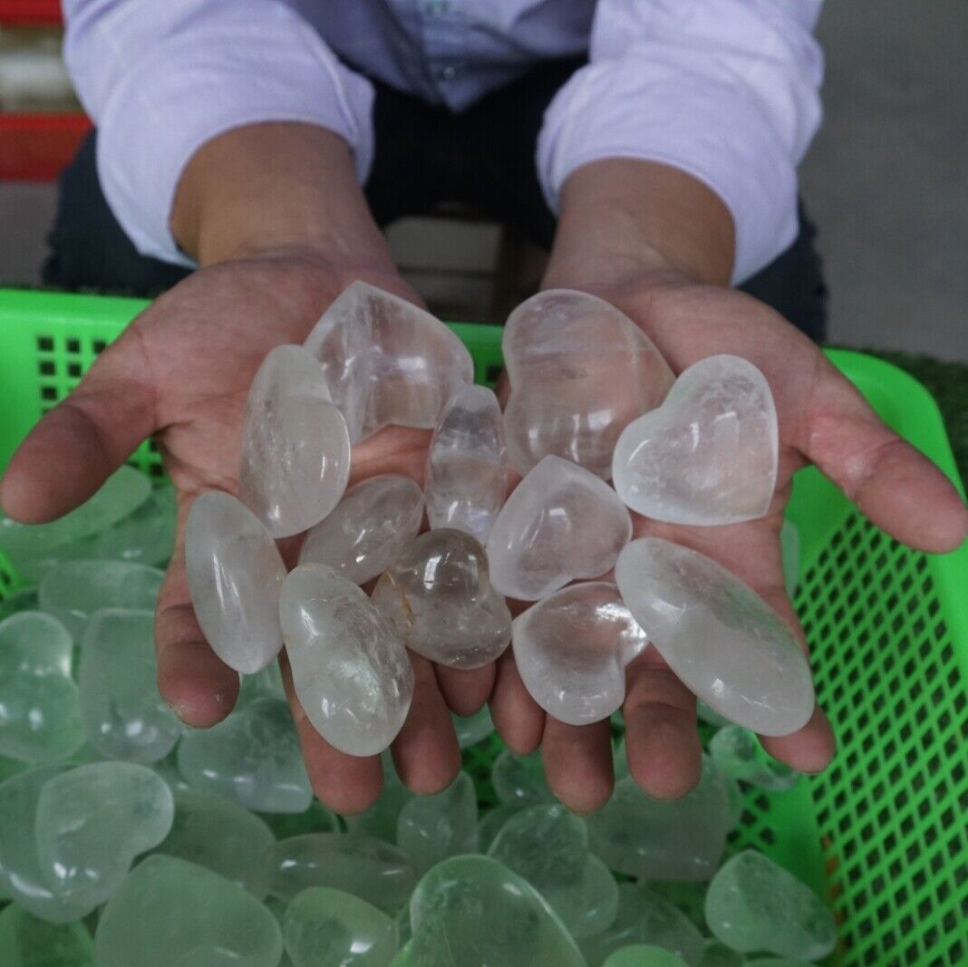 11LB 76Pcs Natural White Clear Quartz Crystal Heart Carved Palm Stone Healing