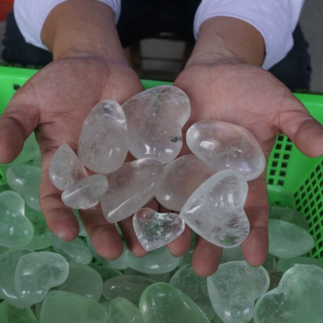 11LB 76Pcs Natural White Clear Quartz Crystal Heart Carved Palm Stone Healing