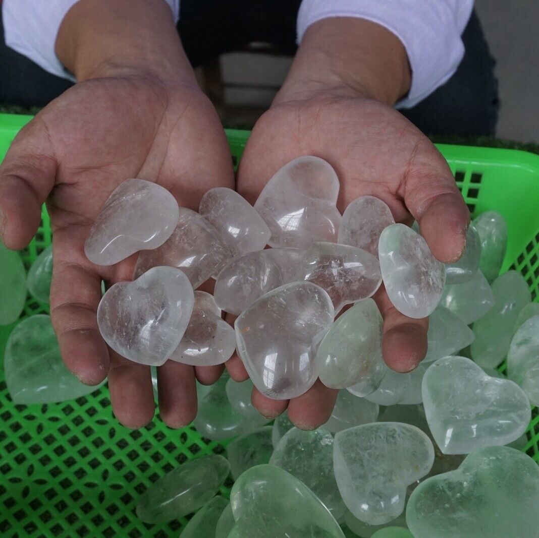 11LB 76Pcs Natural White Clear Quartz Crystal Heart Carved Palm Stone Healing