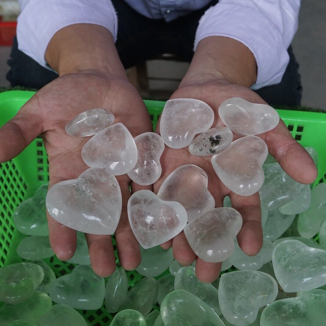 11LB 76Pcs Natural White Clear Quartz Crystal Heart Carved Palm Stone Healing